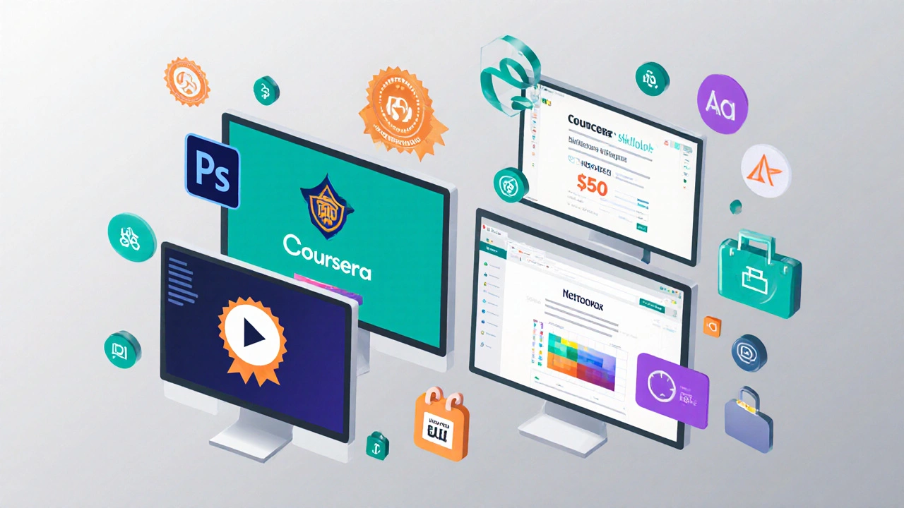 Четыре экранa, каждый представляет Coursera, Udemy, Skillbox и Netology с ценой и длительностью.