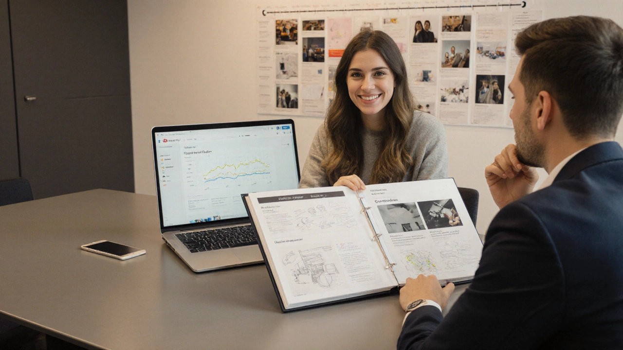 Дизайнер демонстрирует портфолио клиенту за конференц‑столом в светлой офисной комнате.