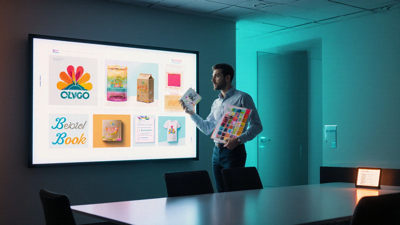 Дизайнер презентует брендовый набор: логотип, упаковку, UI‑прототип и чек‑лист.