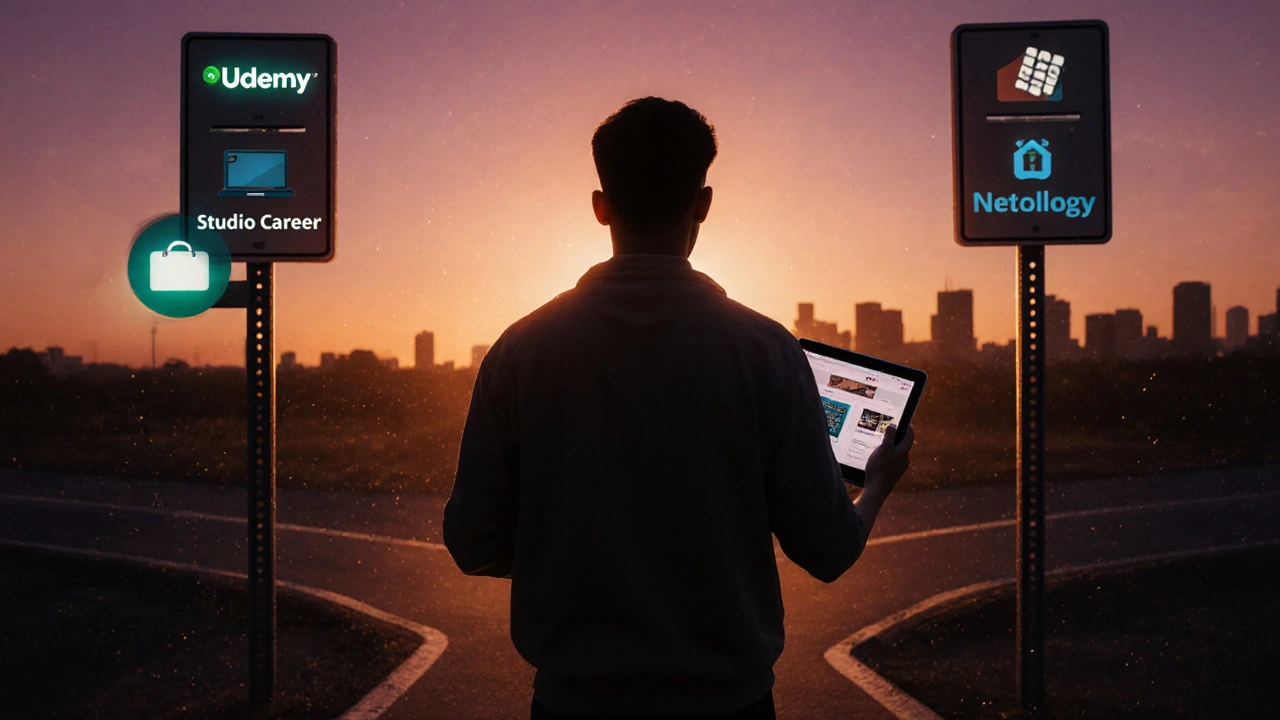 Дизайнер у развилки дорог, выбирает между фрилансом и работой в студии, держит планшет с портфолио.