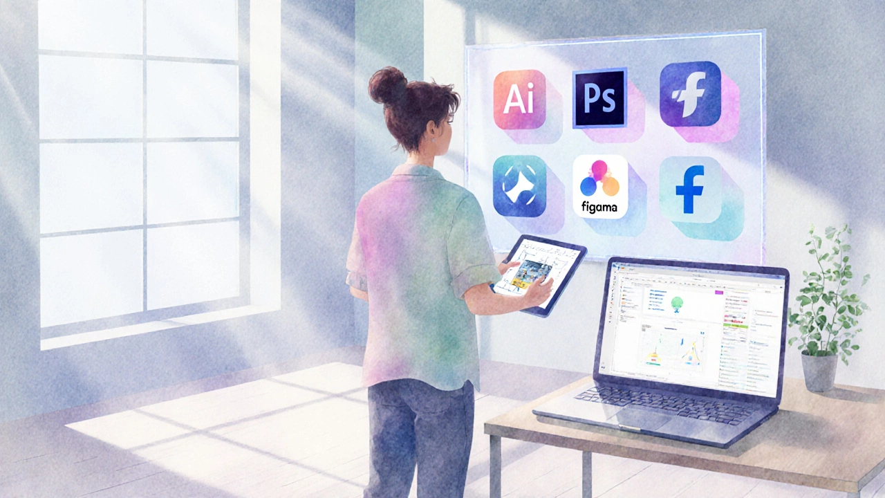 Дизайнер выбирает программу, рассматрывая плавающие иконки Photoshop, Illustrator, Affinity, Figma и Inkscape в светлой студии.
