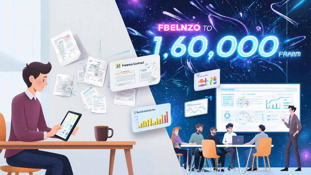 Два рабочих места: домашний фриланс‑стол и яркий агентский офис, рядом – финансовые графики и 3D‑иллюстрация будущего.