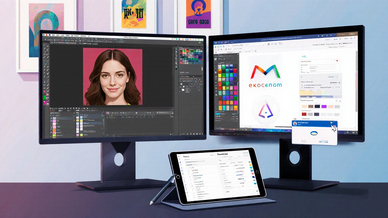 Двойной монитор, показывающий Photoshop, Illustrator и Figma, рядом планшет со стилизованным карандашом.