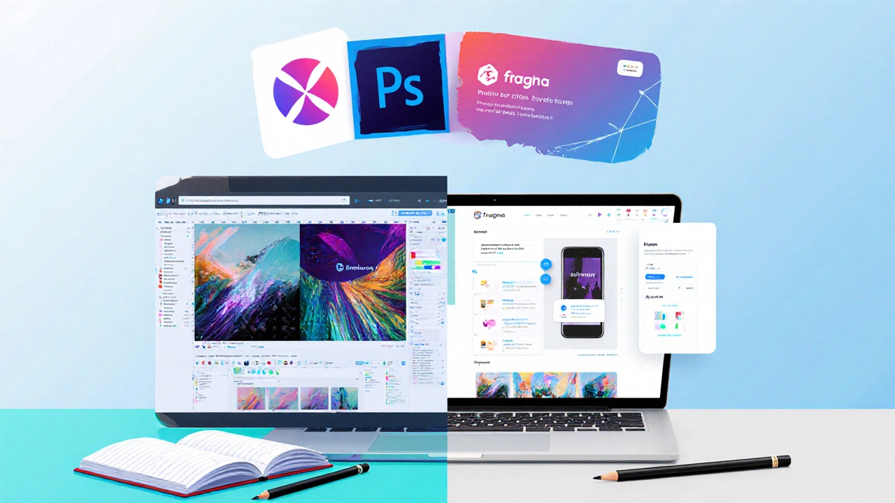 Экран ноутбука, разделённый на окна Photoshop и Figma, с примерами портфолио.