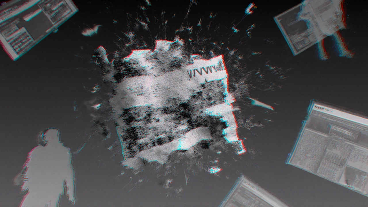 Фрагмент ткани, распадающийся на цифровые артефакты: блоки JPEG, искажения цвета и глюки, в тумане будущего.