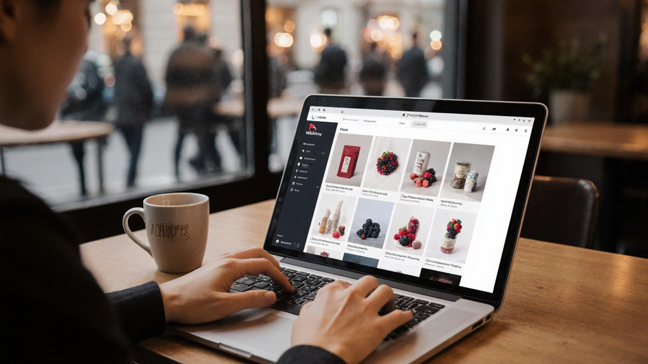 Фрилансер в кафе показывает портфолио с рендерами товаров для маркетплейса на ноутбуке.