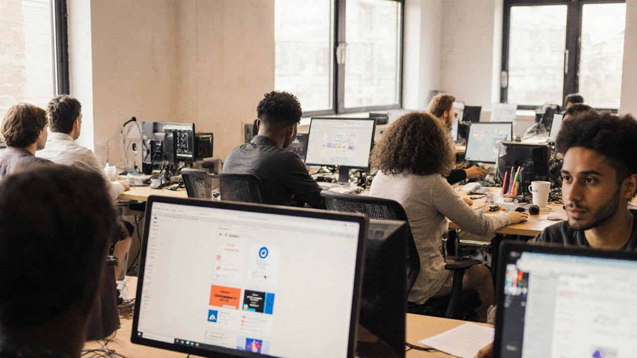 Группа дизайнеров за экранами, создающих бренды и посты с помощью шаблонов и библиотек элементов.