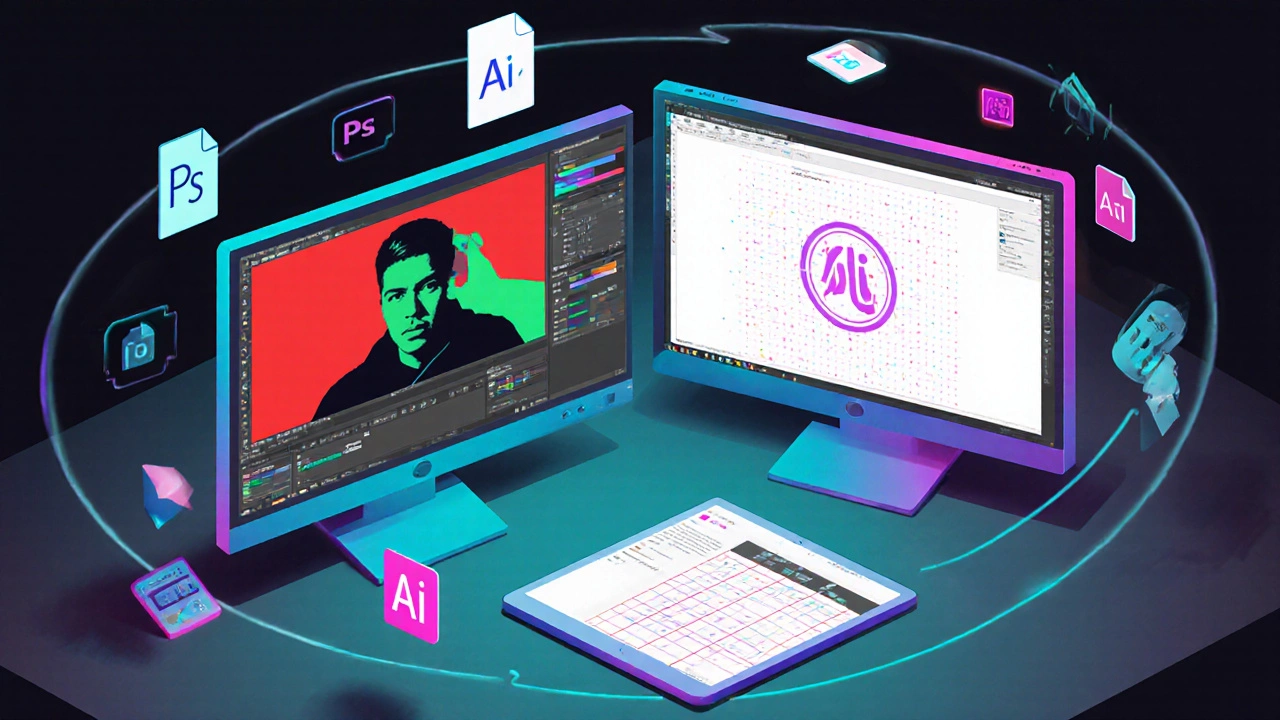Изометрический вид двойного монитора с Photoshop слева и Illustrator справа, планшет с Figma.