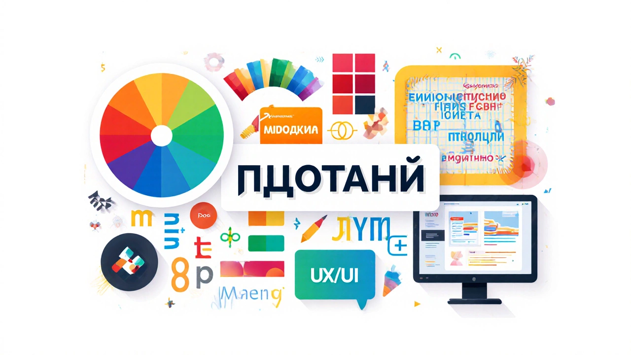 Коллаж, показывающий типографику, цветовую палитру, композицию, брендовый логотип и UI‑мокап.