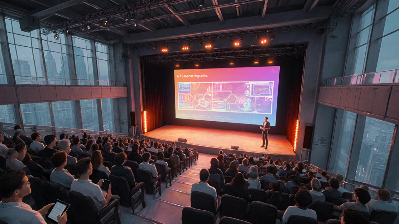 Конференция дизайнеров в Москве: аудитория, сцена с ярким освещением и крупным экраном.