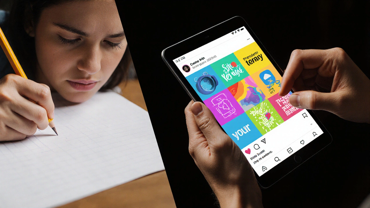 Контраст: рука с карандашом над пустым листом и пальцы на планшете с готовым дизайном в Canva.