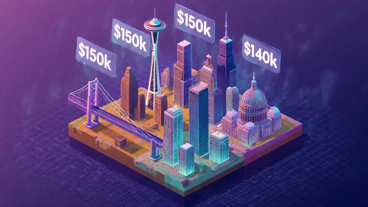 Небо‑вид пяти американских городов с подсвеченными зарплатными цифрами.