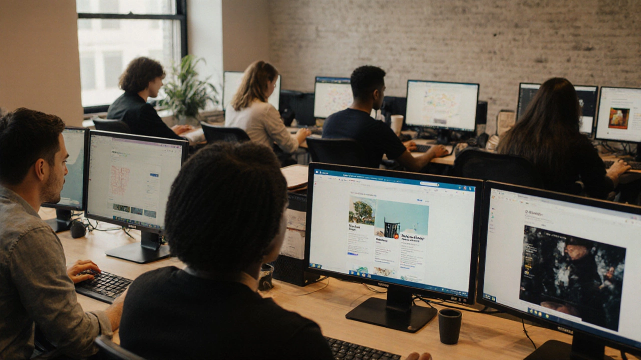 Профессионалы в офисе анализируют веб-дизайн и упаковку, используя цифровые инструменты, а не карандаши.