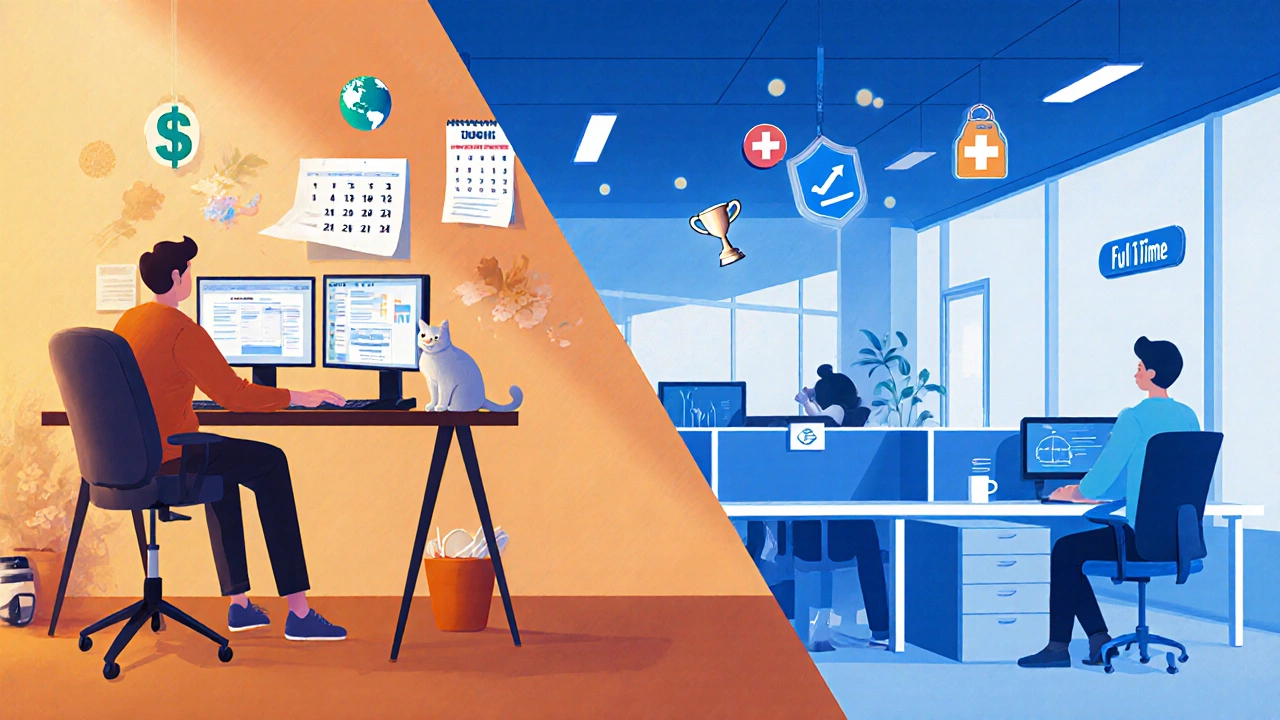 Сравнение фриланс‑дизайнера и штатного сотрудника в двух стилизованных сценах.