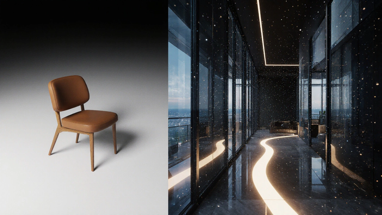 Сравнение простой 3D-модели и сложной архитектурной визуализации, соединённых светящимся путём роста навыков.