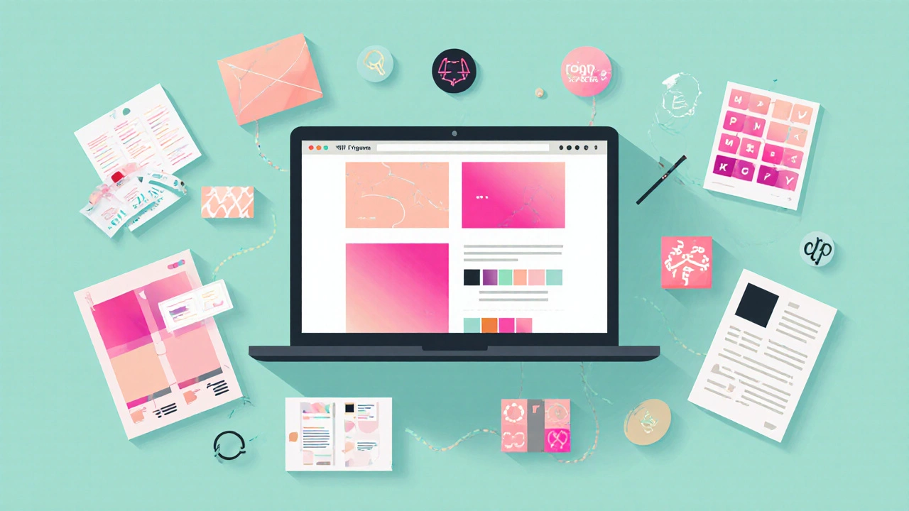 Топ‑вид рабочего стола с ноутбуком, открытым в Figma, и плавающими элементами вдохновения.
