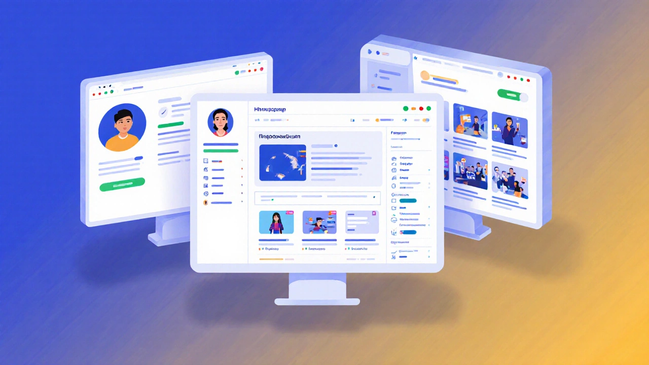 Три экрана с интерфейсами фриланс‑платформ, показывающие профили и проекты в ярком векторном стиле.