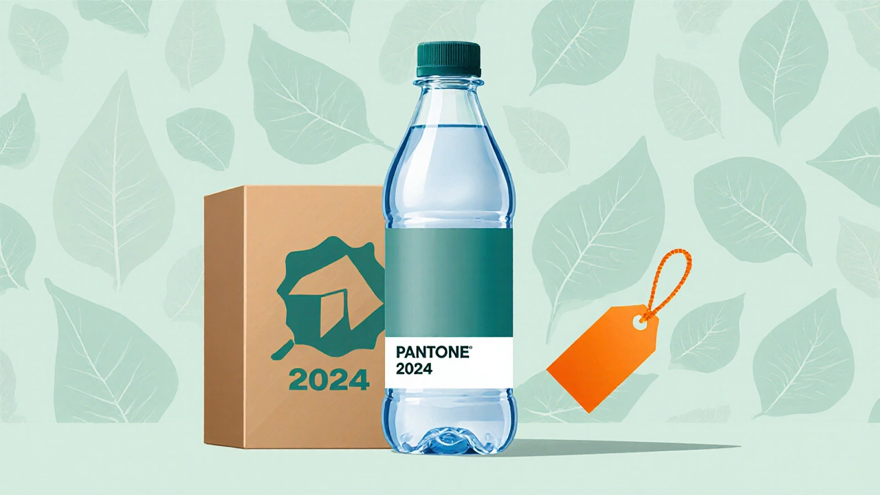 Векторный набор: стеклянная бутылка и упаковка с этикеткой Pantone 2024 на фоне листьев.