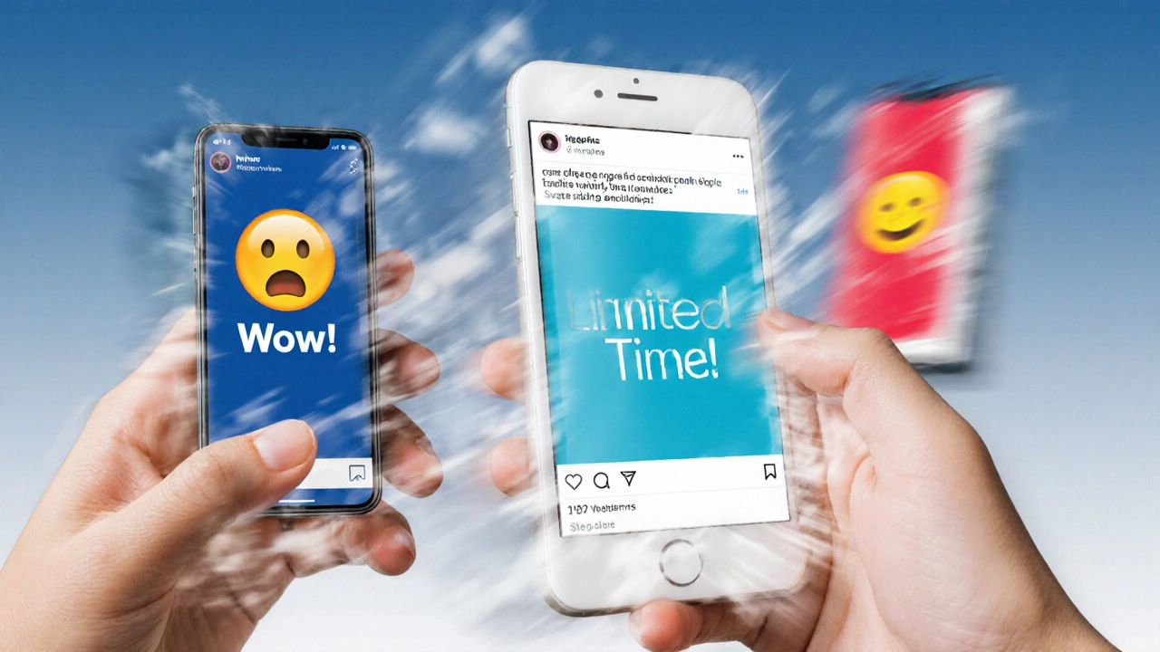 Человек прокручивает ленту, три баннера в движении — один яркий с эмоцией, другие тусклые.