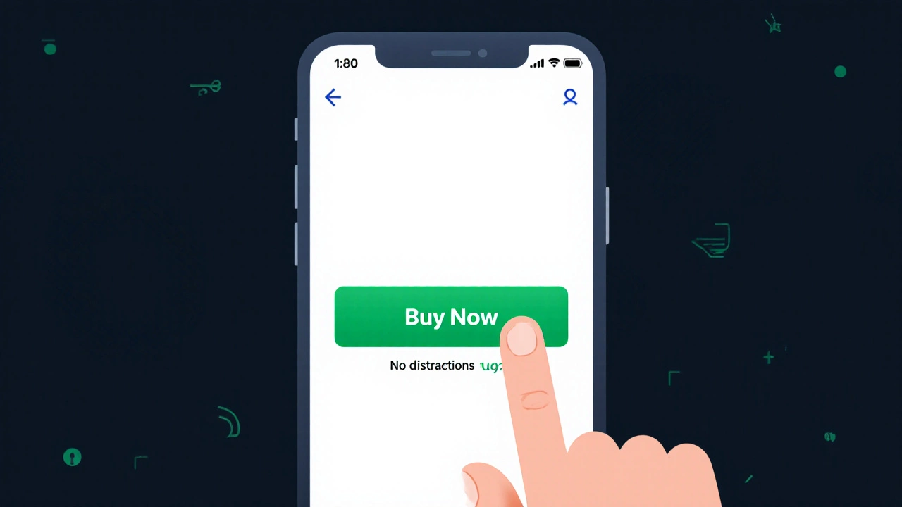 Чистый интерфейс приложения с одной большой кнопкой «Купить», палец пользователя рядом.