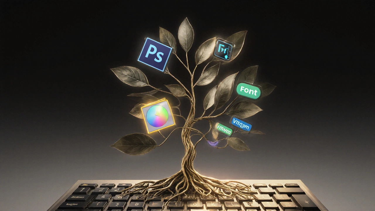 Дерево растёт из клавиатуры: корни — слои Photoshop, ветви — векторы Illustrator, листья — компоненты Figma.