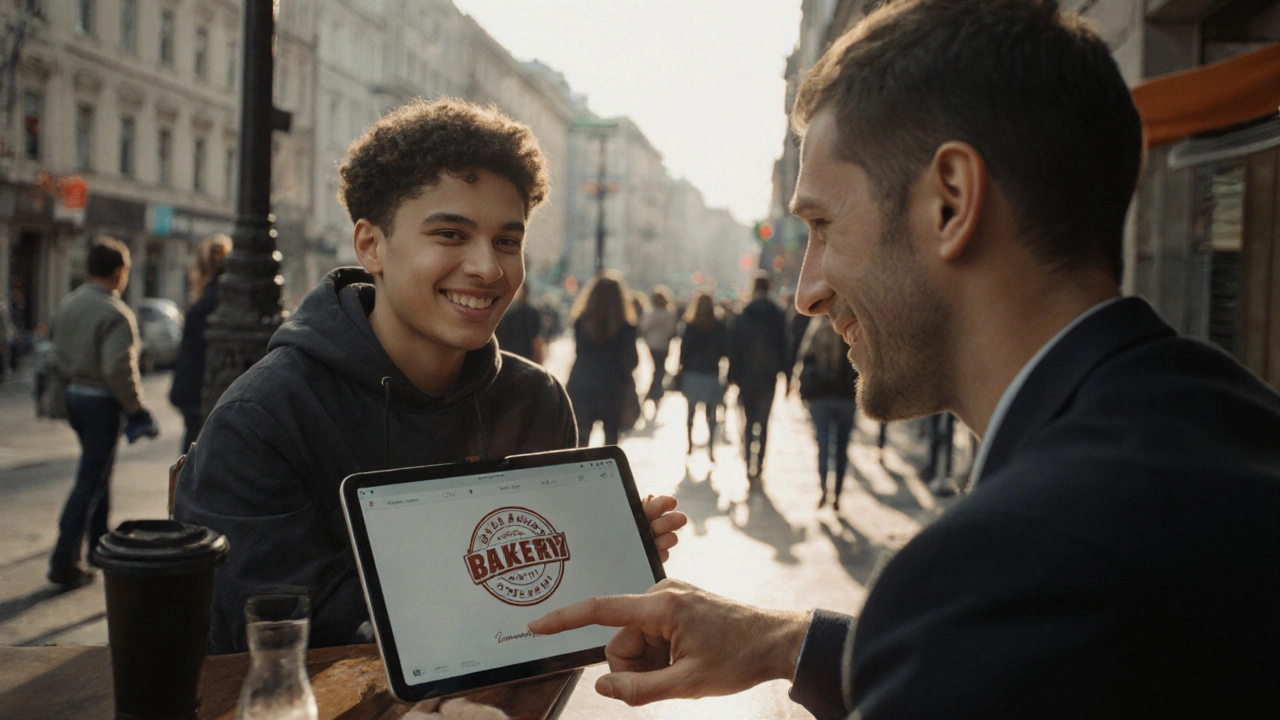 Дизайнер показывает клиенту переработанный логотип пекарни в кафе, оба улыбаются.