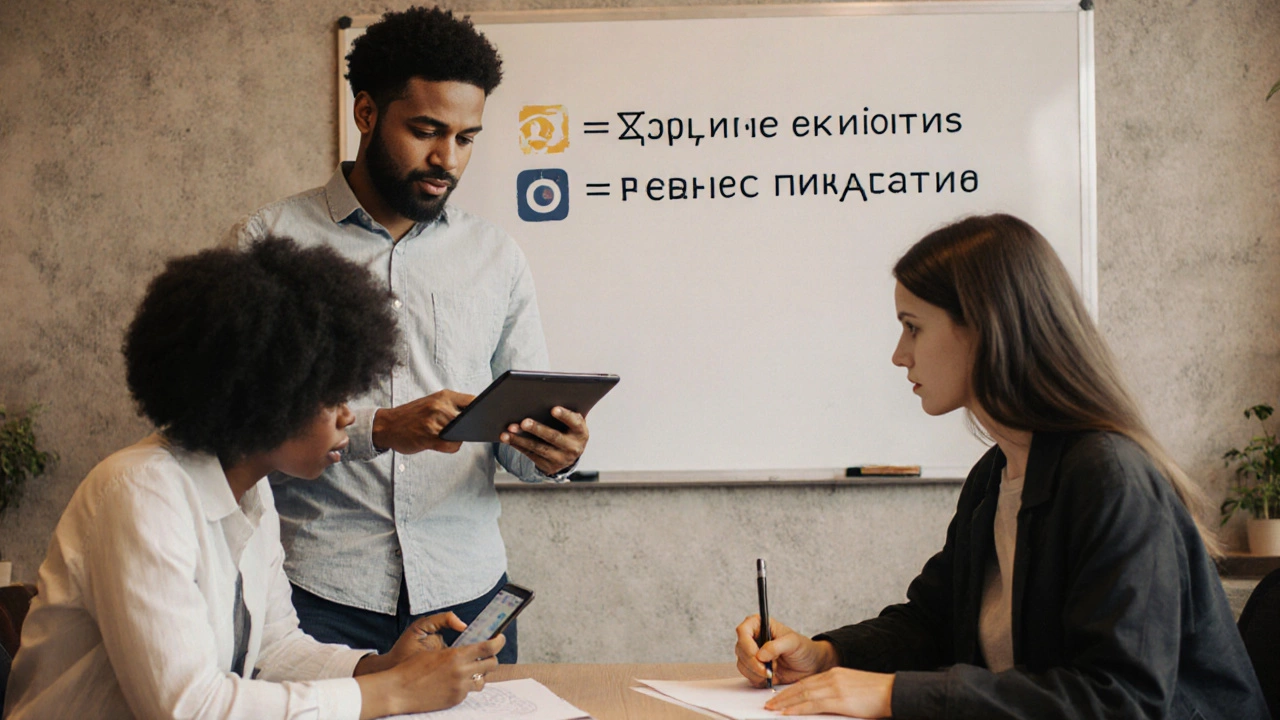 Группа дизайнеров в коворкинге обсуждает проекты с клиентом, на стене — надпись о реальных задачах.