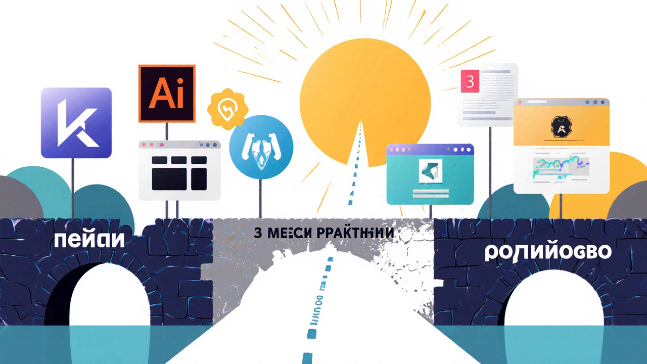 Мост из дизайнерских инструментов соединяет диплом и портфолио, солнце освещает путь практики.