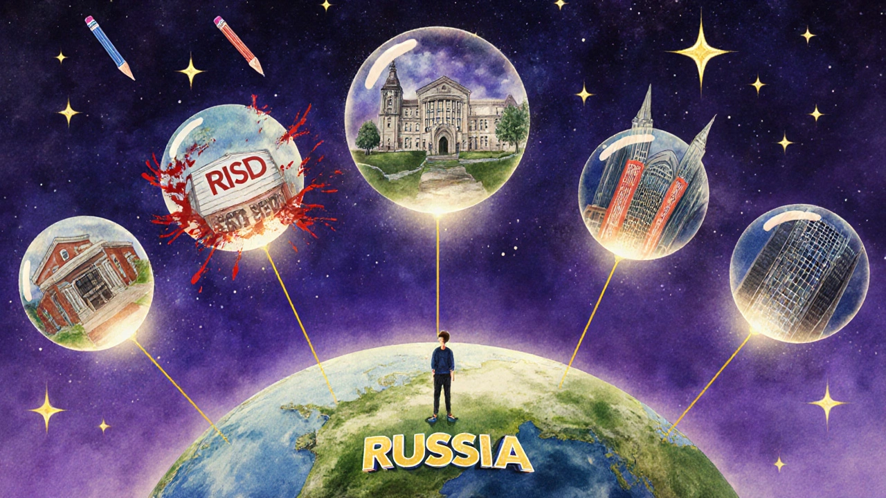 Пять американских художественных школ соединены золотыми нитями с студентом из России.