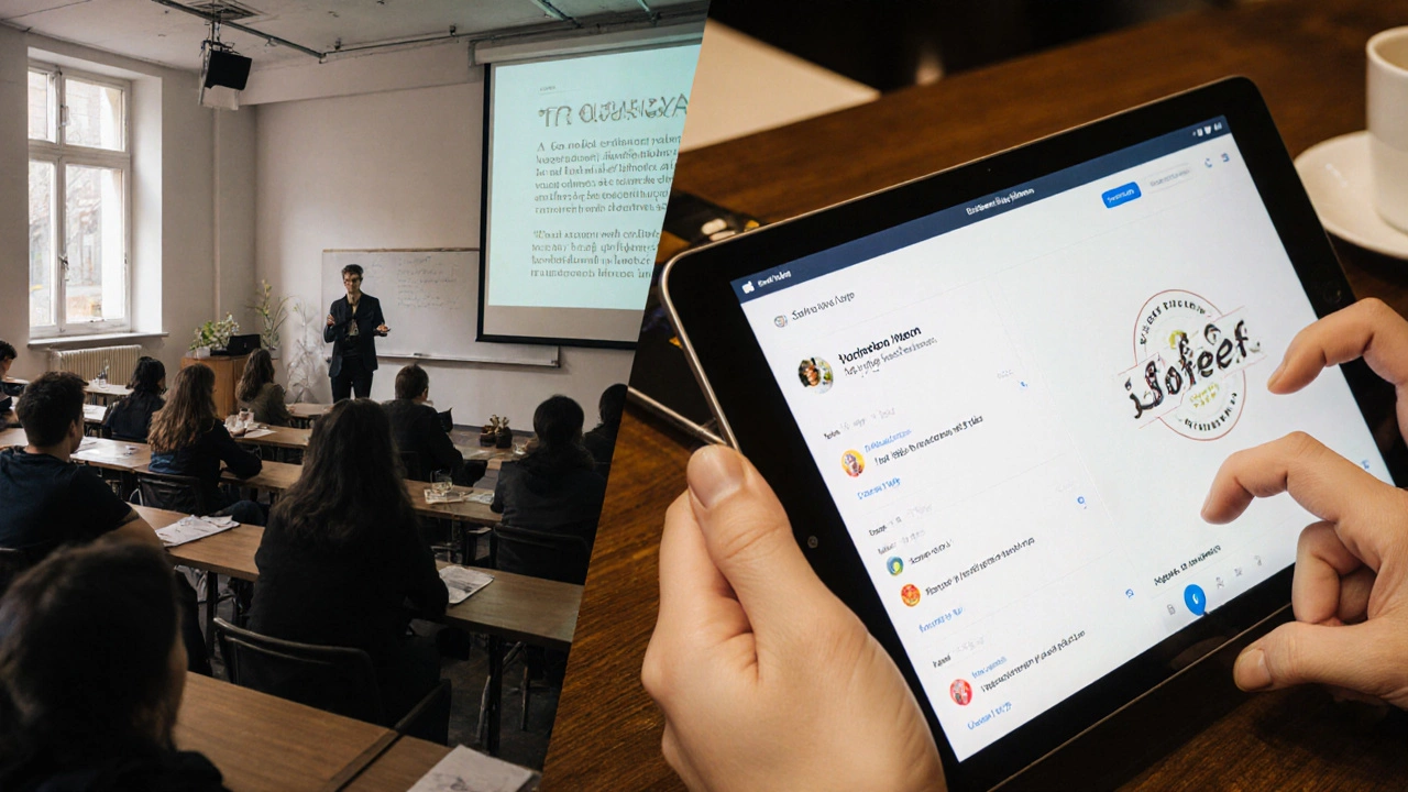 Сравнение: студент в аудитории и фрилансер за кофейней с дизайном на планшете.