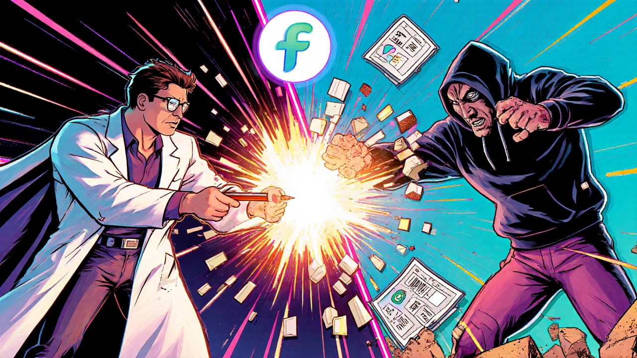 Супергерой рисует векторный логотип в Illustrator, разрушая хаос пикселей, в то время как злодей с Canva падает в пыль.