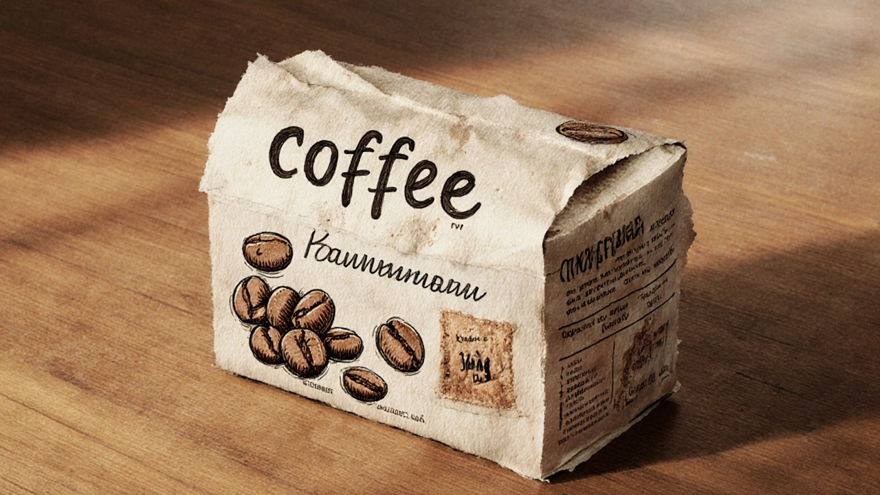 Упаковка кофе с текстурой бумаги, реальными зернами и рукописным шрифтом на деревянном столе.