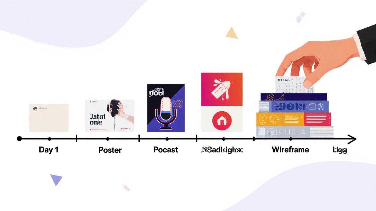 Визуальная хронология шести месяцев развития дизайн-навыков от нуля до портфолио.