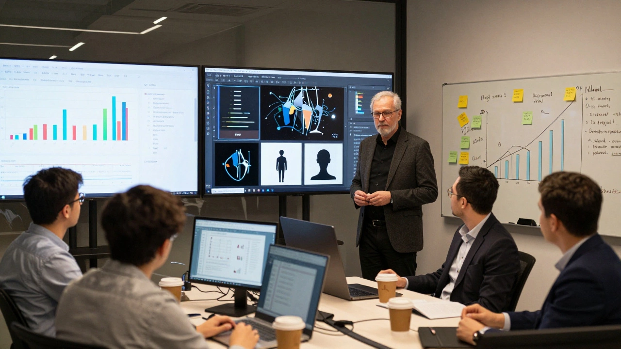 Арт-директор представляет бренд-стратегию команде в офисе, на экранах — аналитика, прототипы и AI-макеты, вокруг — заметки и кофейные чашки.