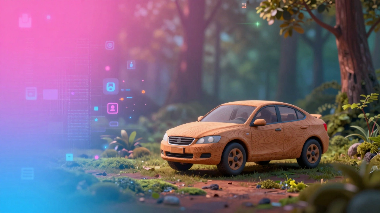 Цифровой интерфейс переходит от неоновых цветов к земляным тонам с реалистичной 3D-моделью.