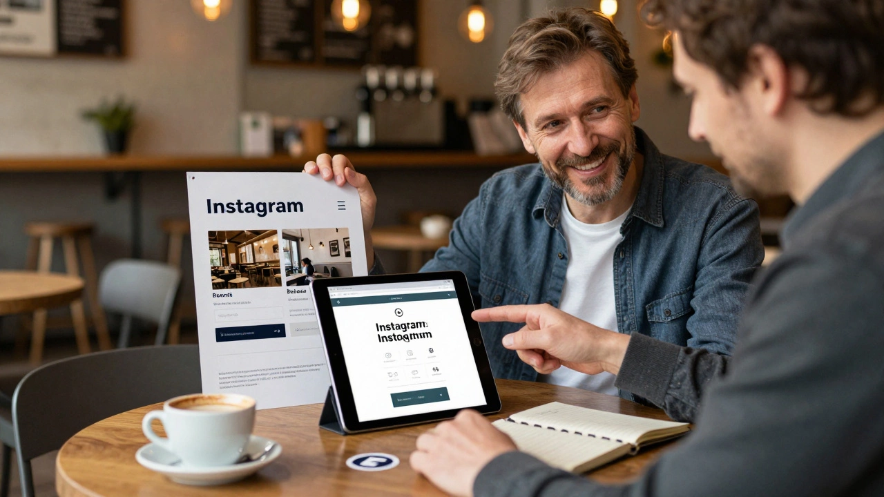 Дизайнер показывает клиенту в кафе новый дизайн инстаграма и баннера, оба улыбаются.