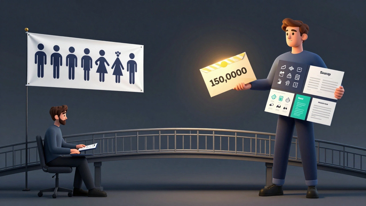 Дизайнер стоит между двумя клиентами: один предлагает дешевый заказ, другой — крупную оплату, символизируя разницу в ценности дизайна.