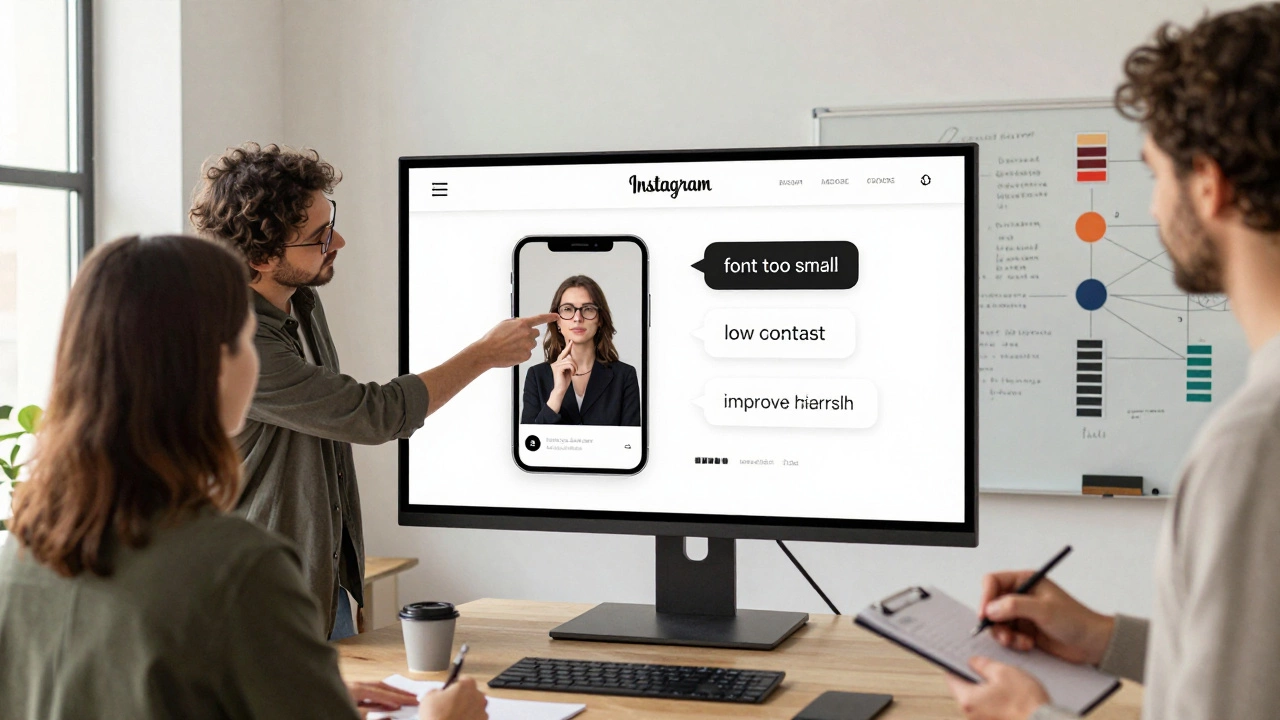 Дизайнеры в студии обсуждают проект с обратной связью на экране: шрифт, контраст, иерархия.