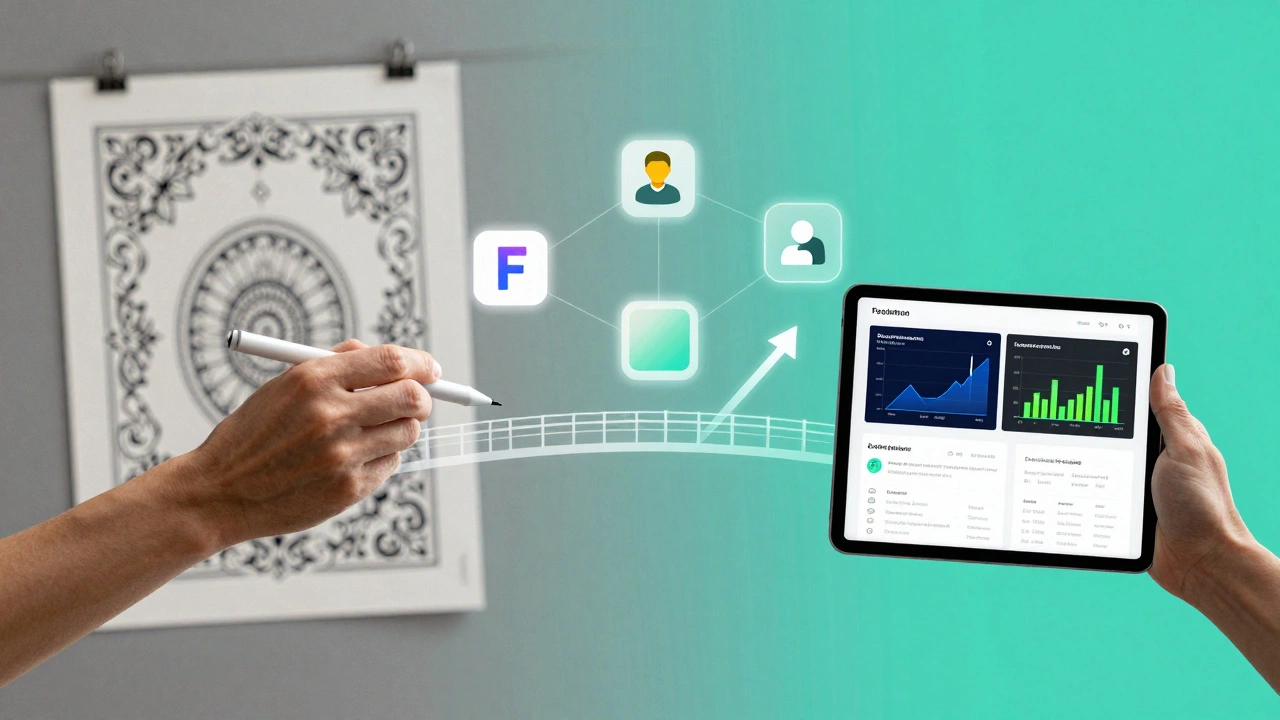 Две руки соединяют декоративный дизайн и аналитику через мост из метрик, цветов и пользовательских данных.