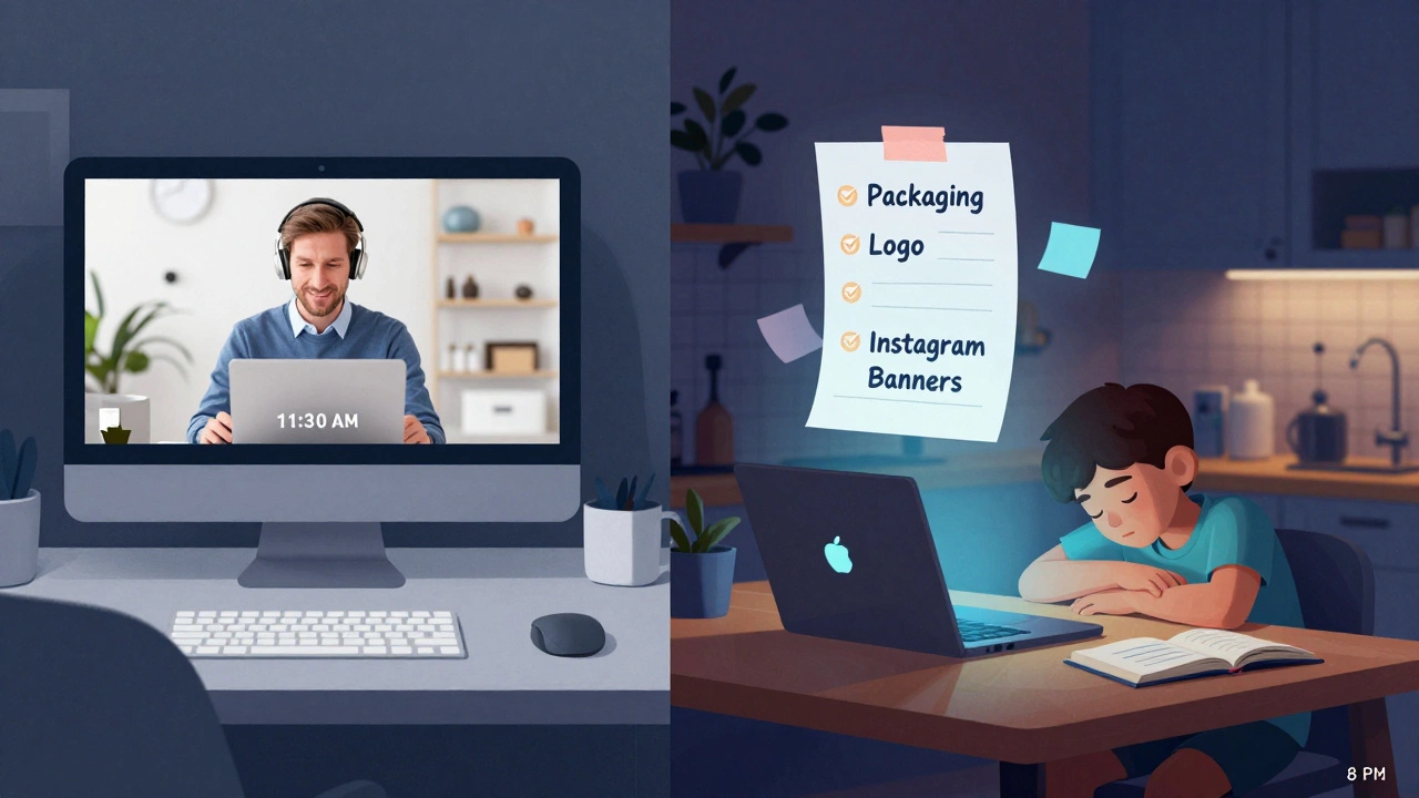 Фрилансер работает вечером на кухне, рядом спит ребенок, на экране — макеты баннеров.