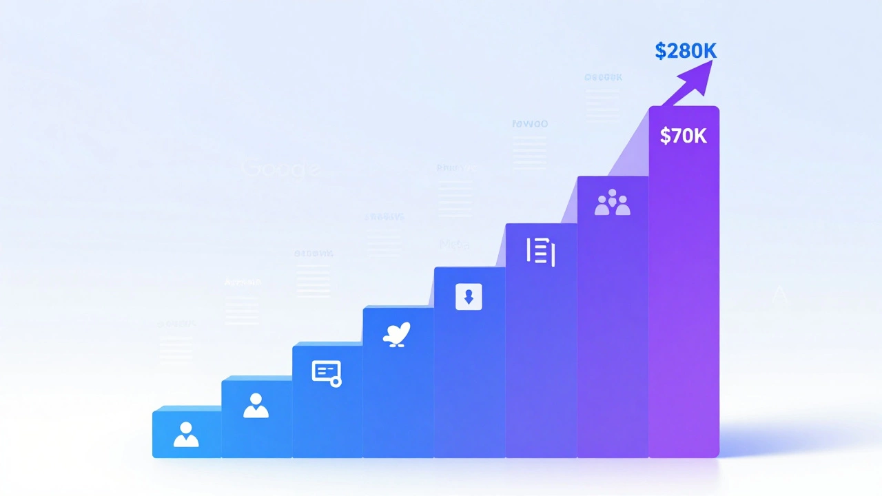 Лестница зарплат от 70 до 280 тысяч долларов с цифровыми элементами дизайна.