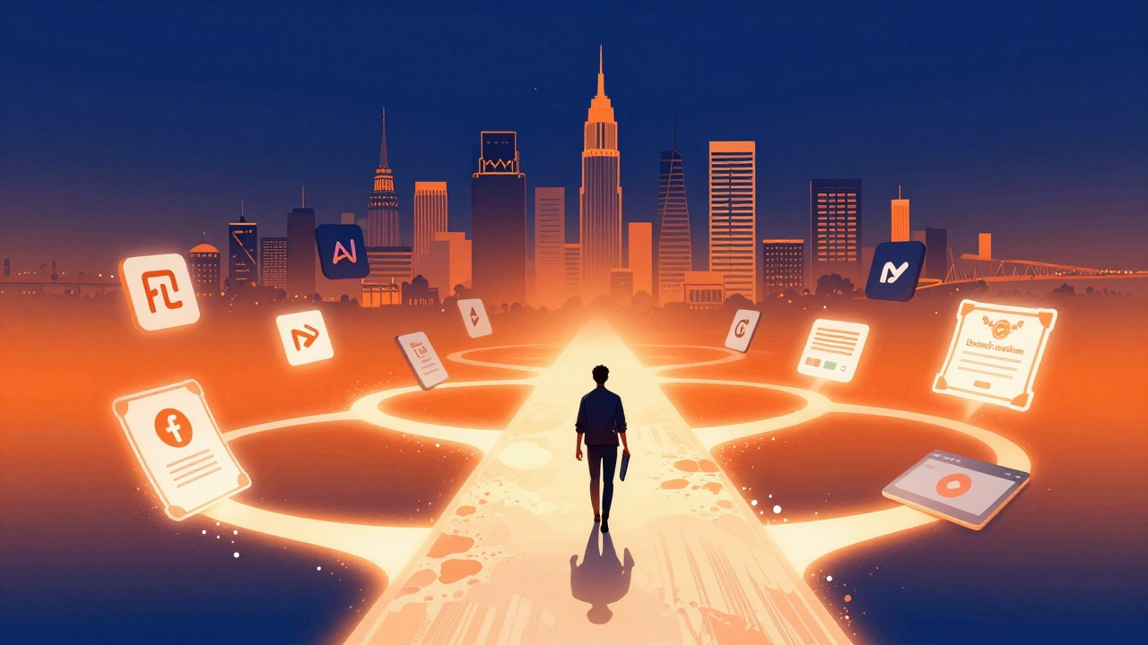 Путь от России к США, составленный из логотипов и инструментов дизайна, ведет к силуэту студента с портфолио.