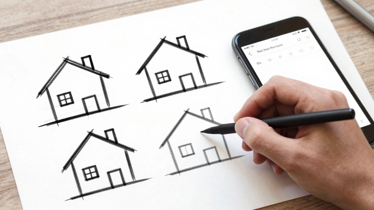 Рука быстро набрасывает три варианта иконки дома карандашом на бумаге.