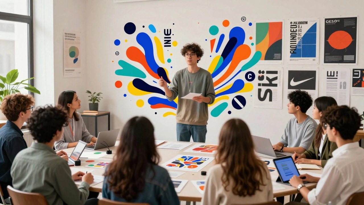 Студент представляет портфолио в Parsons School of Design, вокруг — абстрактные элементы дизайна и бренды.