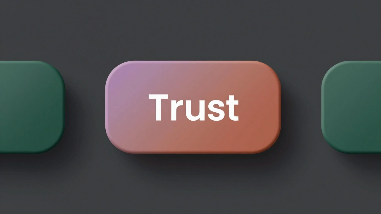Терракотовая кнопка на темном фоне с акцентами лавандового и изумрудного цветов, символизирующая доверие в дизайне.