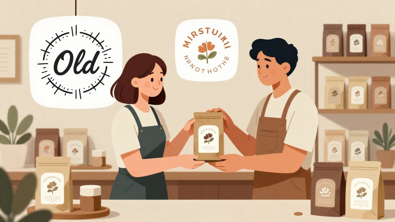 Дизайнер передаёт новый бренд-дизайн владельцу локального магазина, показывая сравнение старого и нового стиля.