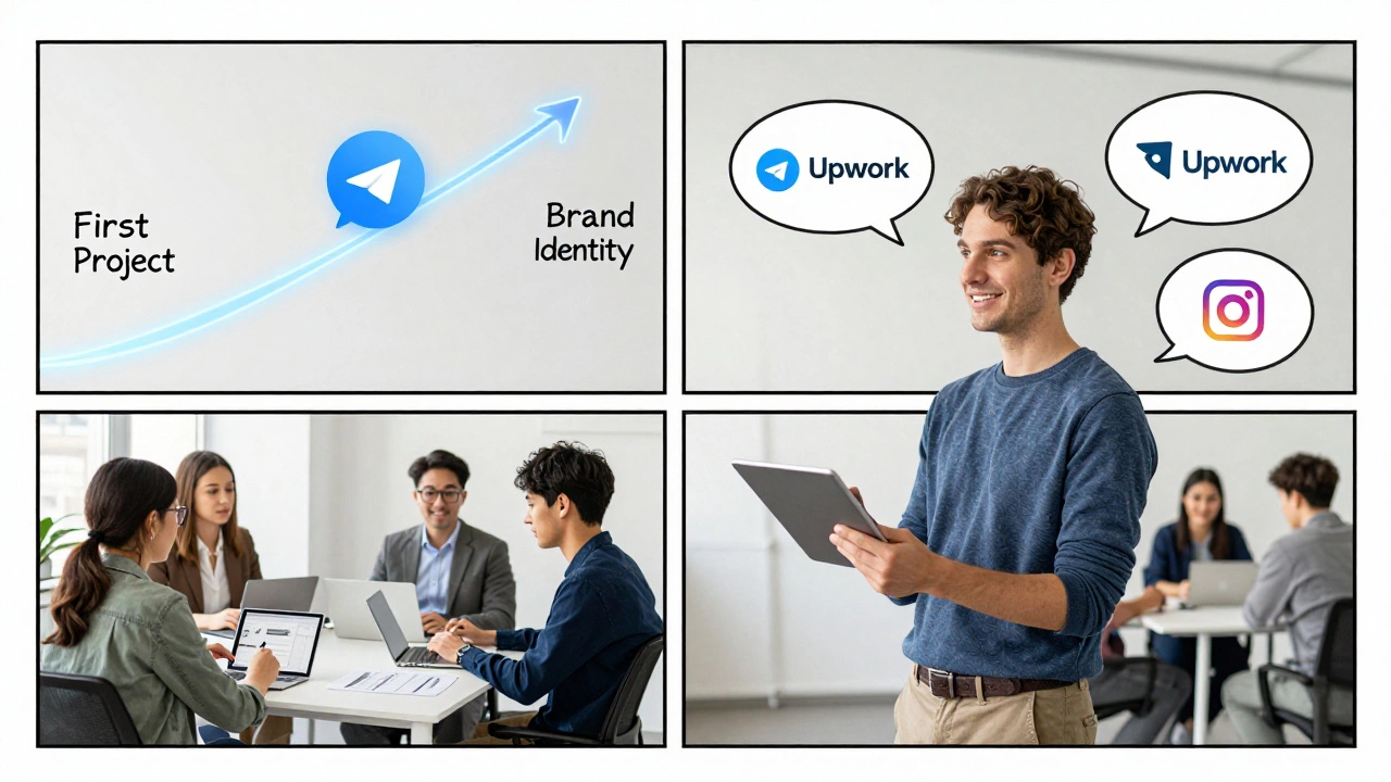 Дизайнер представляет портфолио стартап-команде, вокруг — иконки соцсетей и путь от первого проекта к бренду.