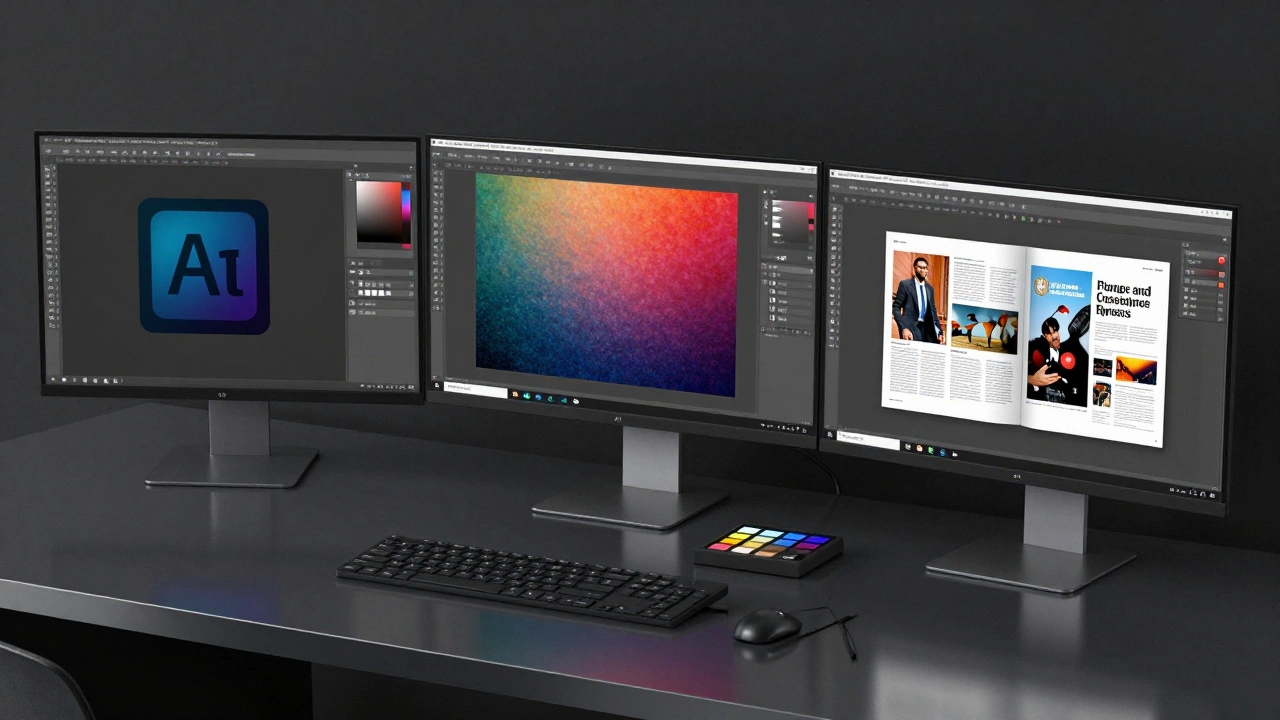 Дизайнер работает с тремя программами на двух мониторах: Illustrator, Photoshop и InDesign.