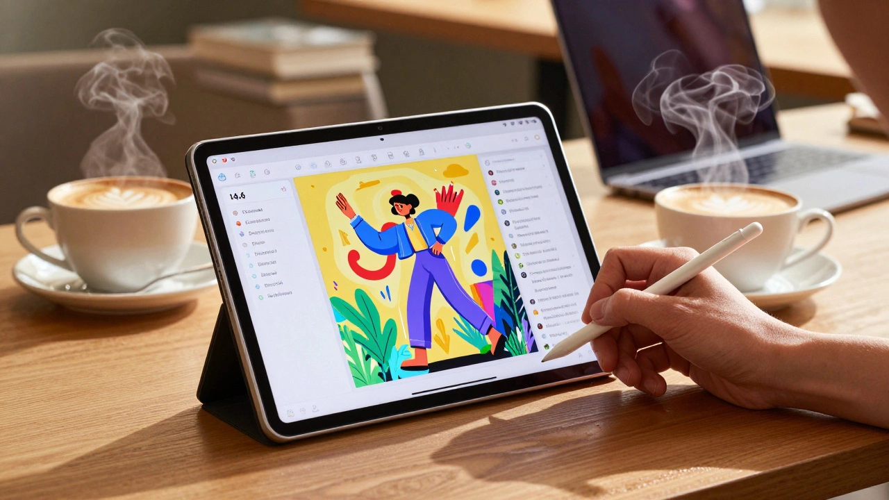 Дизайнер рисует на Samsung Galaxy Tab S9 Ultra в кафе, экран показывает яркую цифровую иллюстрацию.