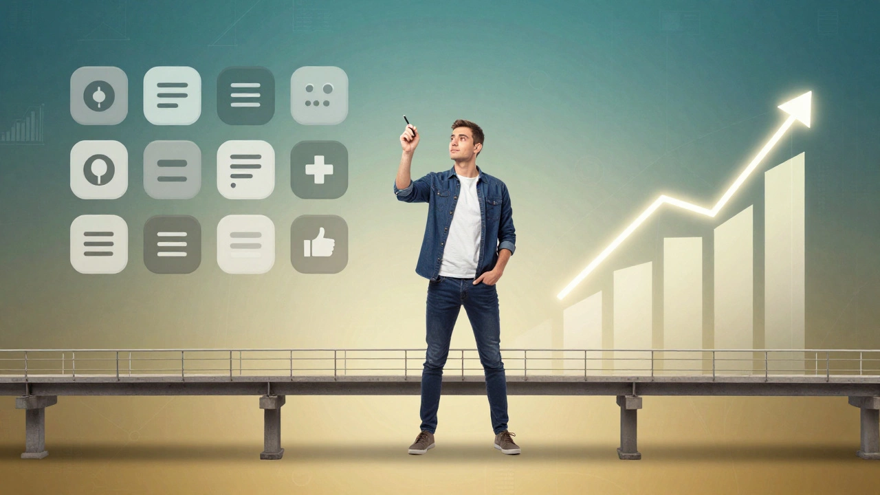 Дизайнер стоит между элементами интерфейса и ростом продаж, символизируя связь дизайна и бизнеса.